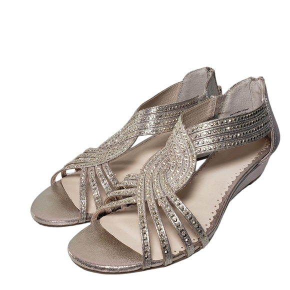 Charter Club Ginifur Gold Open Toe Rhinestone Low Wedge Sandals Sz 7.5M - Picture 1 of 7